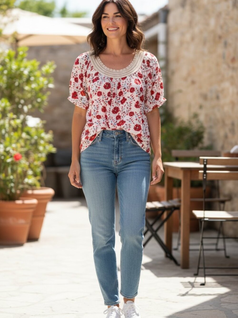 Lucky Brand White Top with Red Floral Print & Crochet Neckline